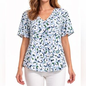 Michelle McDowell Size Large Flowy Sleeve Stylish Blue Leopard Print Women's Top